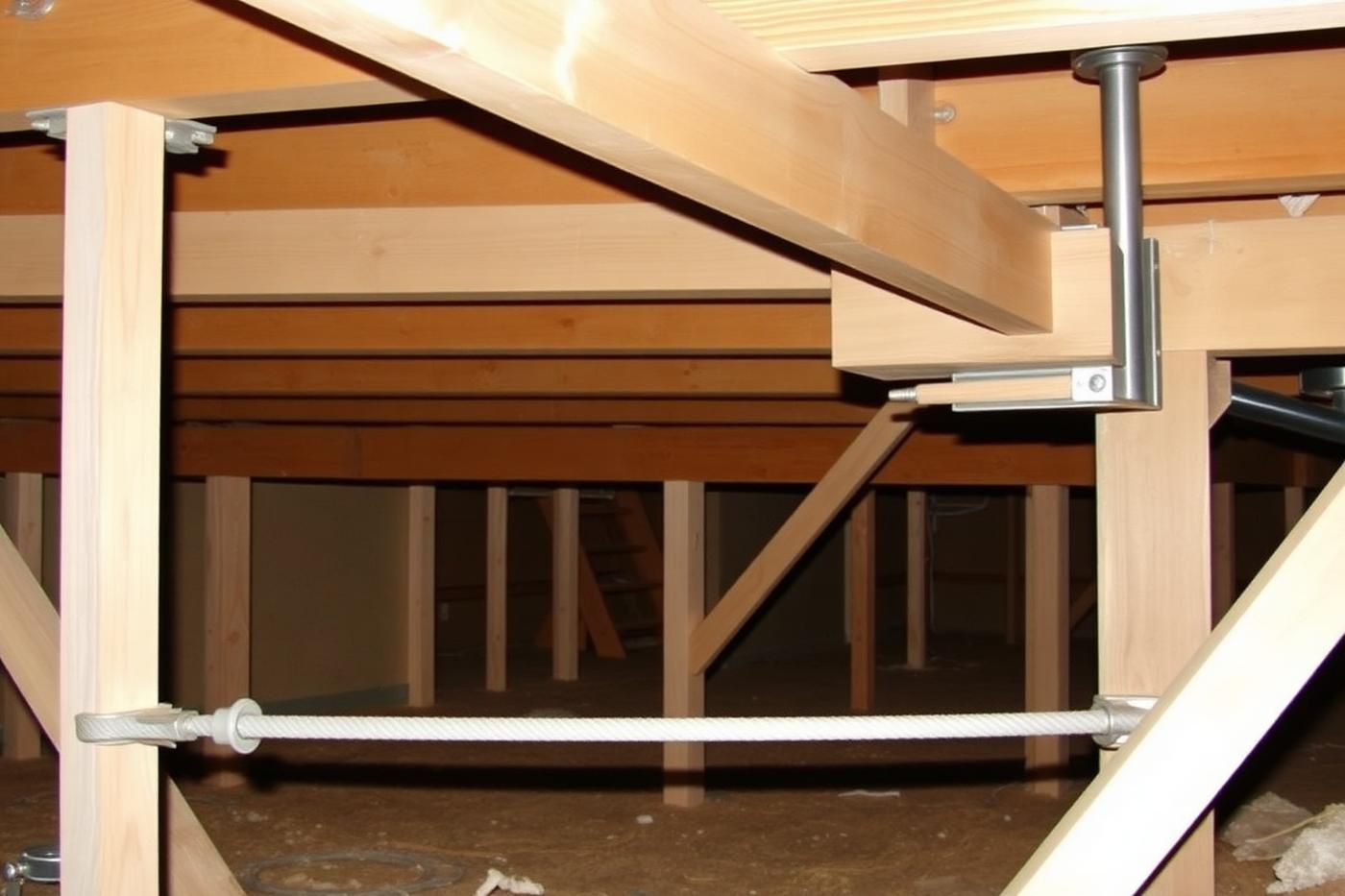 Adjustable steel support post and reinforced beam under crawl space floor joists