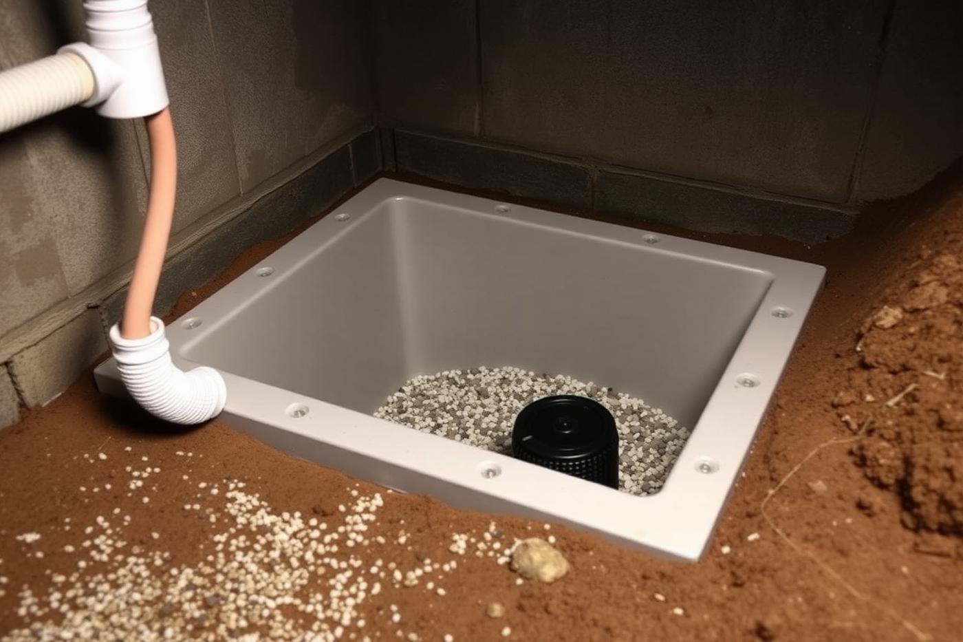 Sump pump basin installed in a crawl space with drainage pipe and gravel