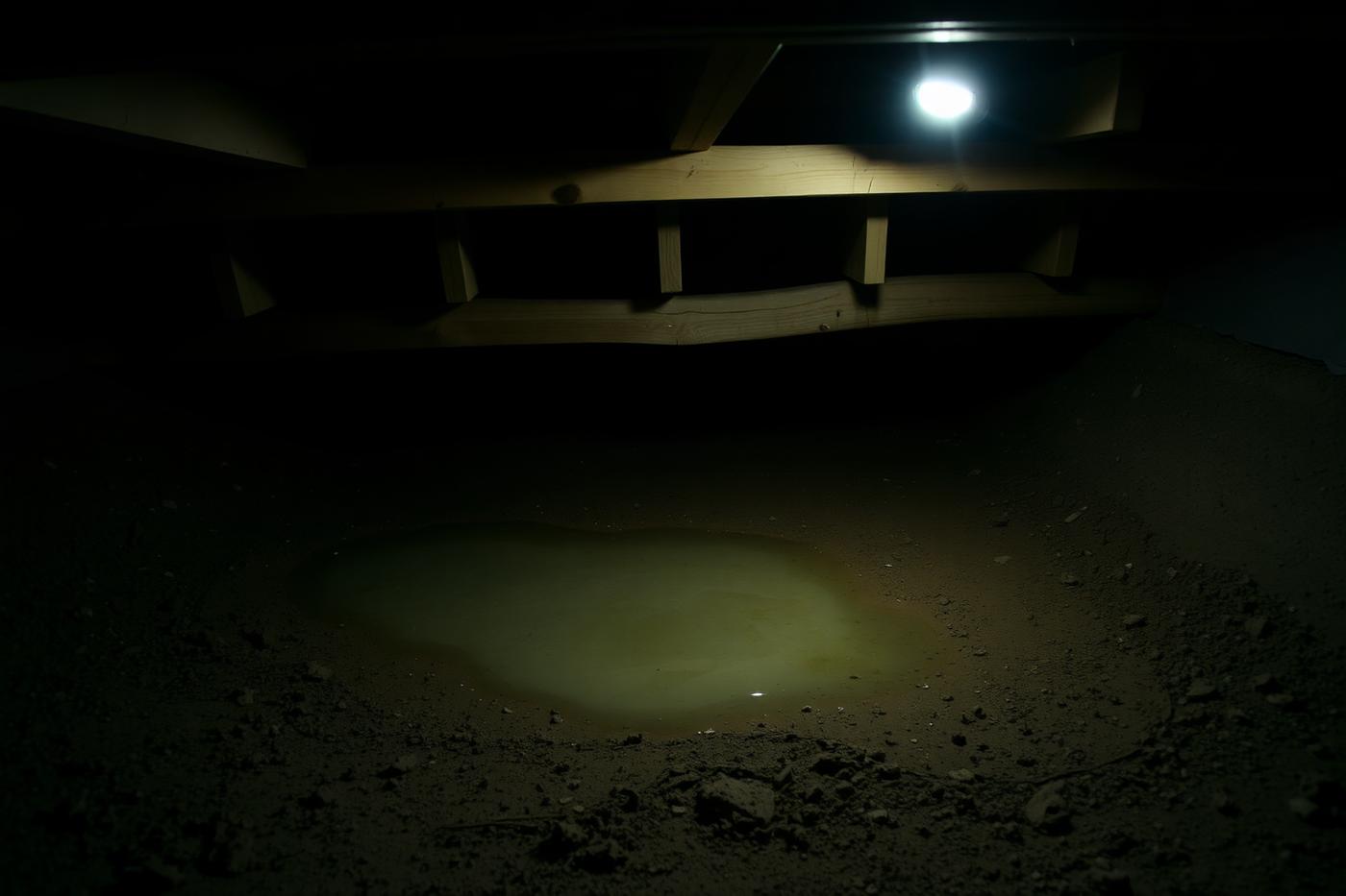 Standing water pooled on the soil of a dark crawl space